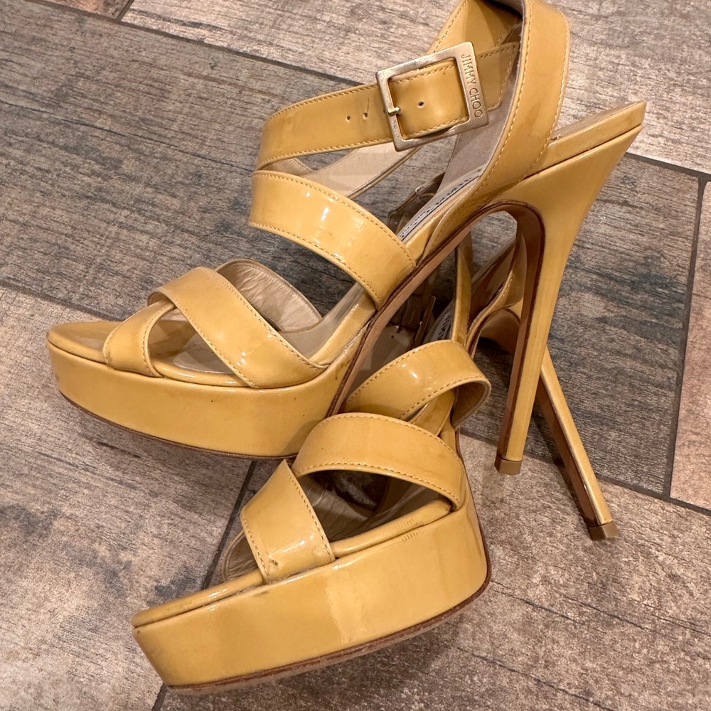 Jimmy Choo Tan Nude Strappy High Heel Sandals Platform High Stiletto Designer - Picture 2 of 11